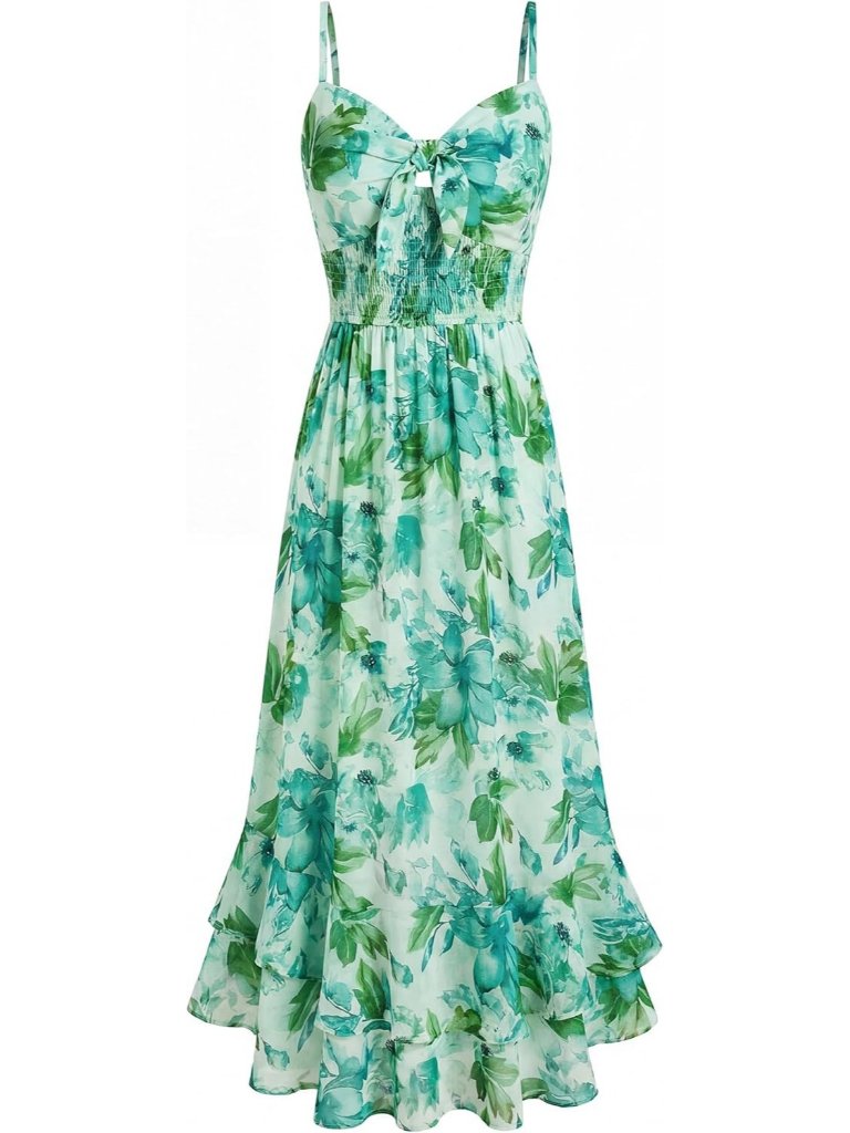 Women's Maxi Dress Light Green Floral V-Neck Sleeveless A Line Summer Comfort